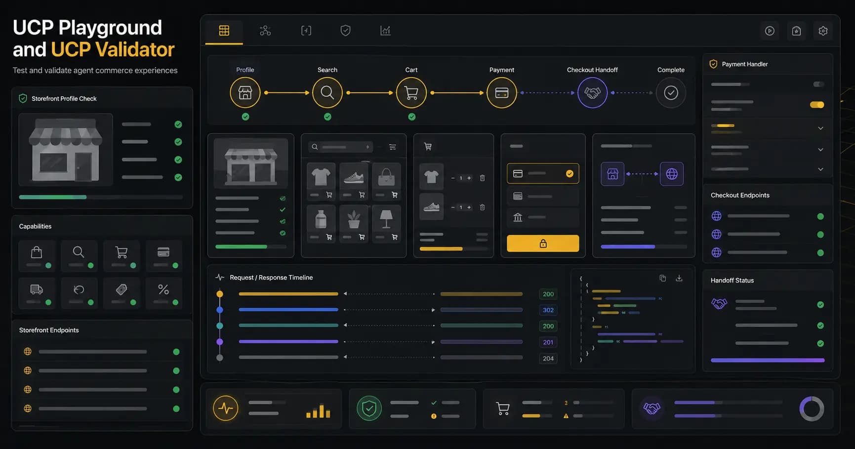 UCP Playground interface showing product search, cart testing, checkout state, and protocol logs.